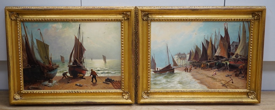 Charles Stuart, pair of oils on canvas, Coastal scenes with fishing boats, each signed and dated 1891, 24 x 34cm, ornate gilt framed. Condition - good